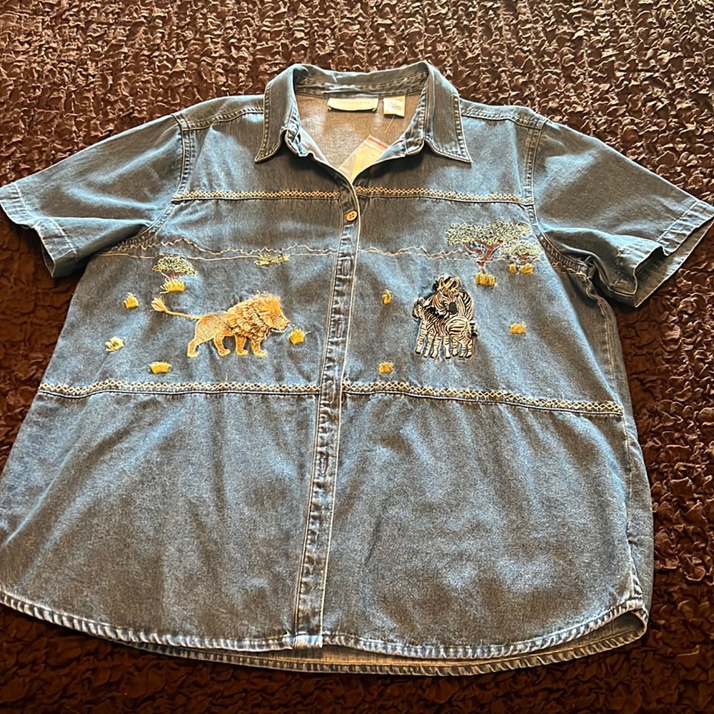 Ladies denim shirt/blouse/jacket. Safari Animal theme. Lion and Zebra embroidery
